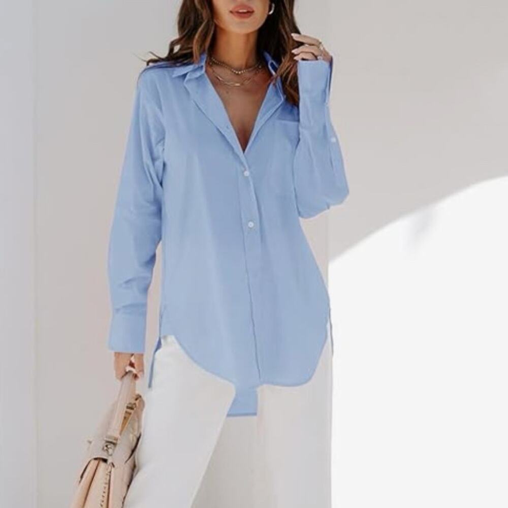 New SILITEELON Button Down Pocket Shirt Sky Blue Long Sleeve Women’s Loose Fit